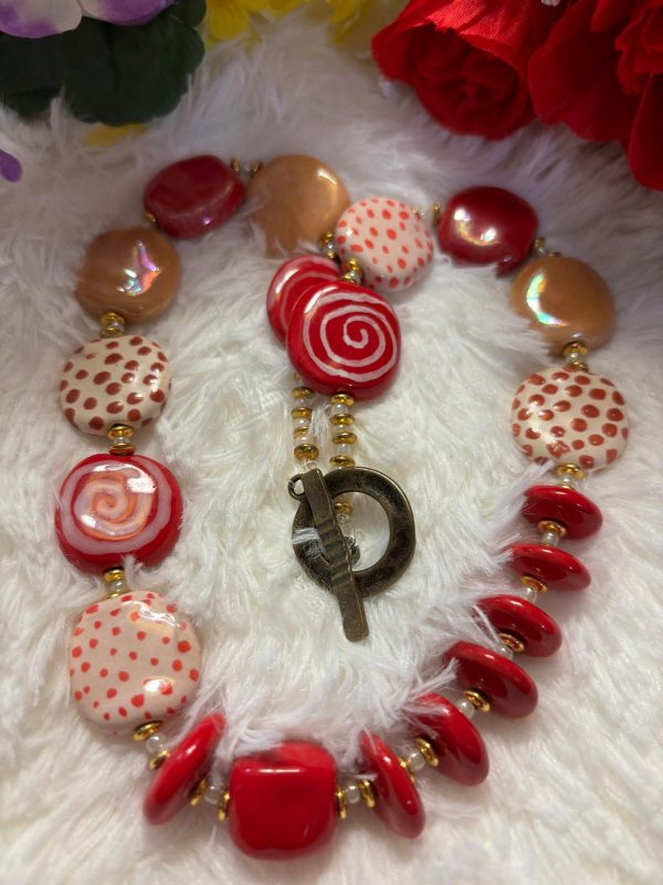 Collier multicolore rouge et marron en céramique  /45 cm – Image 6