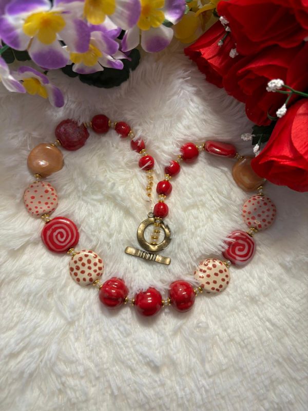 Collier multicolore rouge et marron en céramique  /45 cm – Image 4
