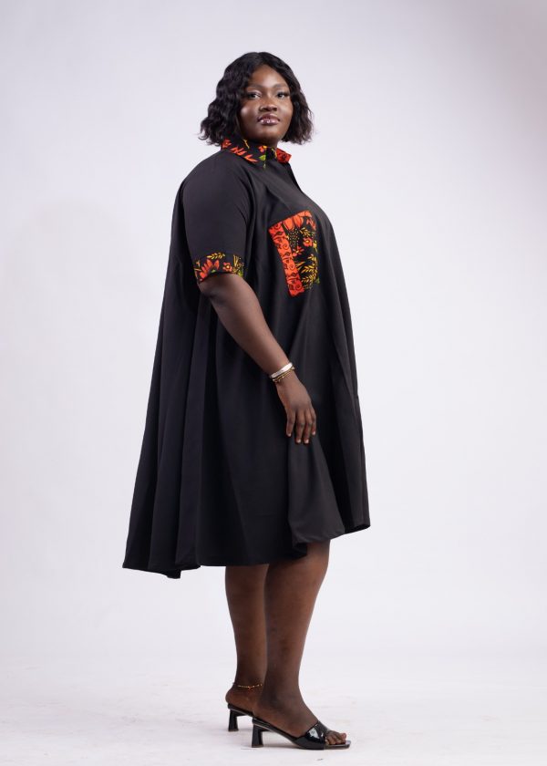 Robe évasée 3/4 en tissus noir et wax – Image 4