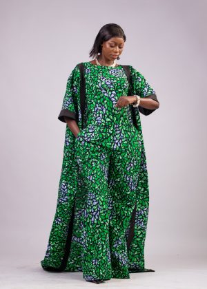 Combi pantalon vert avec kimono long en wax / taille: 38