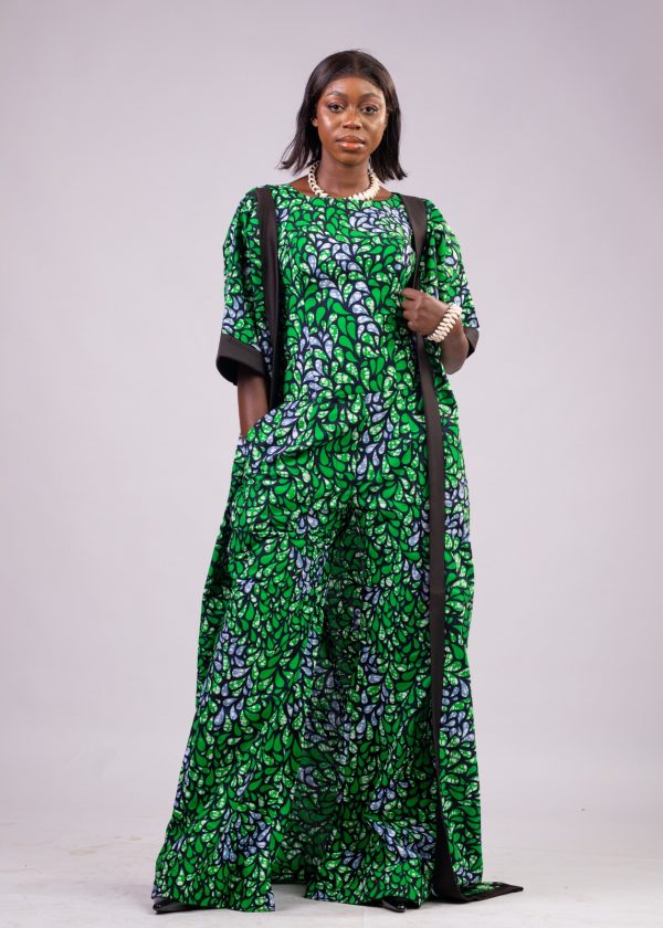 Combi pantalon vert avec kimono long en wax / taille: 38 – Image 5