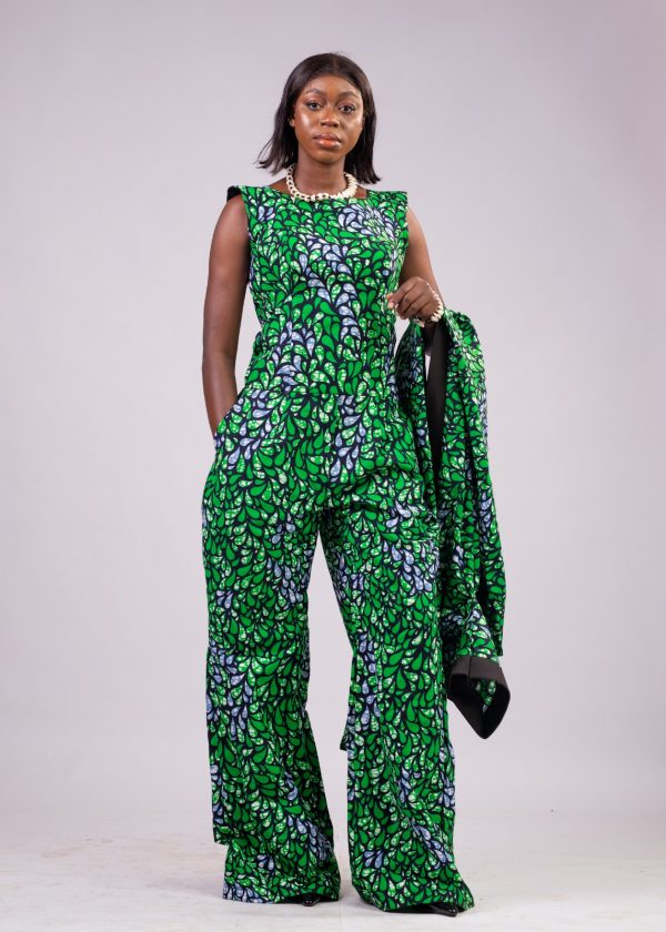 Combi pantalon vert avec kimono long en wax / taille: 38 – Image 4
