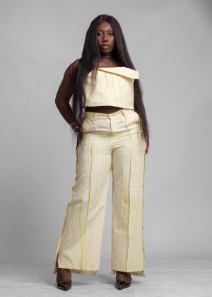 Ensemble pantalon jaune et blanc en tissus 100% coton / taille: 40