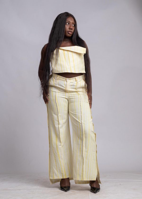 Ensemble pantalon jaune et blanc en tissus 100% coton / taille: 40 – Image 3