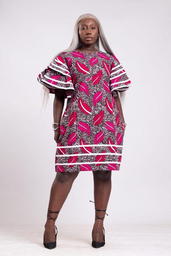 Robes droite 3/4 rose blanc en wax / Taille: 40-42 – Image 3