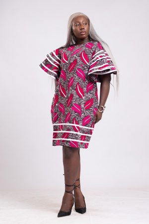 Robes droite 3/4 rose blanc en wax / Taille: 40-42