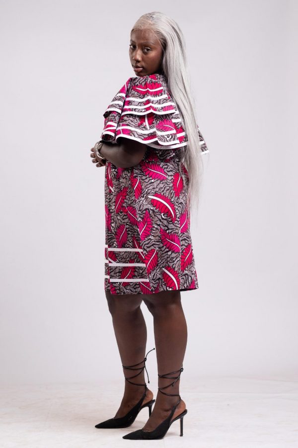 Robes droite 3/4 rose blanc en wax / Taille: 40-42 – Image 4
