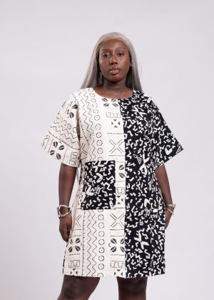 Robe droite 3/4 en tissus et bogolan blanc noir très élégante. Taille 40-42