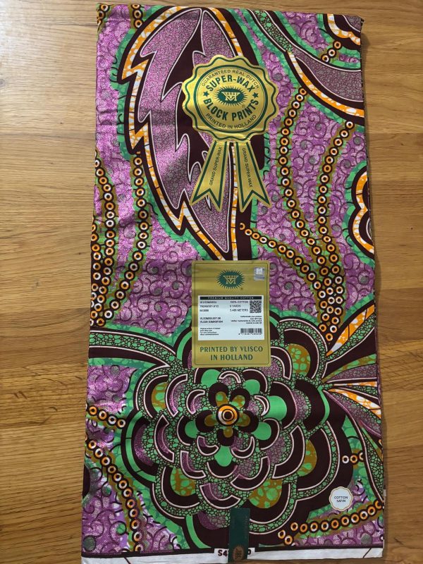Grand Super Wax Hollandais multi couleurs violet claire, marron et vert 100%. Longueur 5.486m (6 yards) / Largueur 1.17m – Image 3