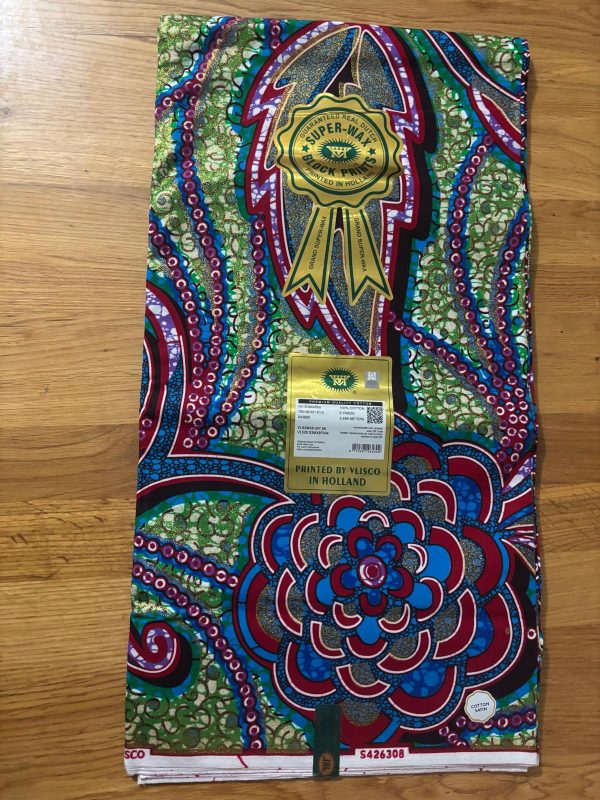 Super grand wax hollandais Vlisco 100% coton orné de paillettes vertes – Image 2