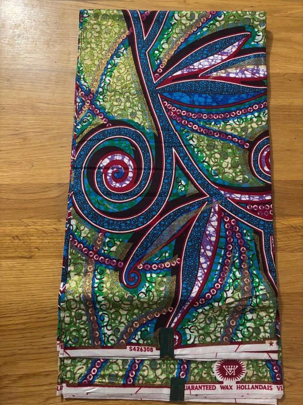 Super grand wax hollandais Vlisco 100% coton orné de paillettes vertes – Image 5