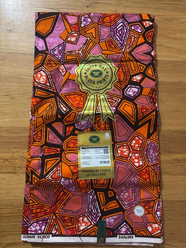 Grand Super Wax Hollandais Vlisco ornée de paillettes roses 100%. Largeur 5.486m / largeur 1.17m – Image 2