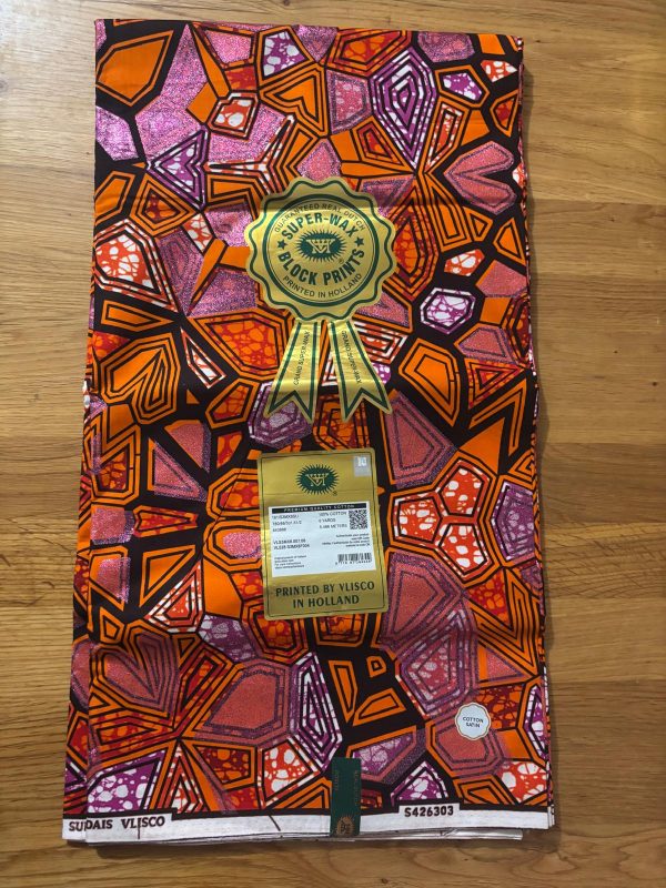 Grand Super Wax Hollandais Vlisco ornée de paillettes roses 100%. Largeur 5.486m / largeur 1.17m – Image 5