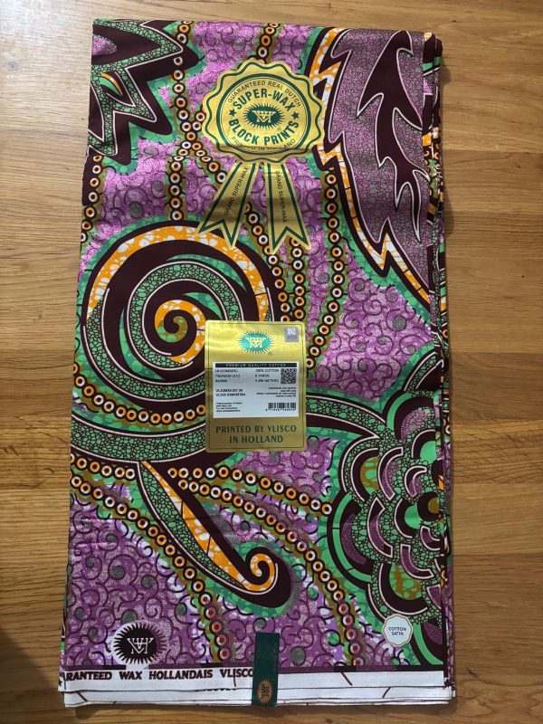 Grand Super Wax Hollandais multi couleurs violet claire, marron et vert 100%. Longueur 5.486m (6 yards) / Largueur 1.17m – Image 5