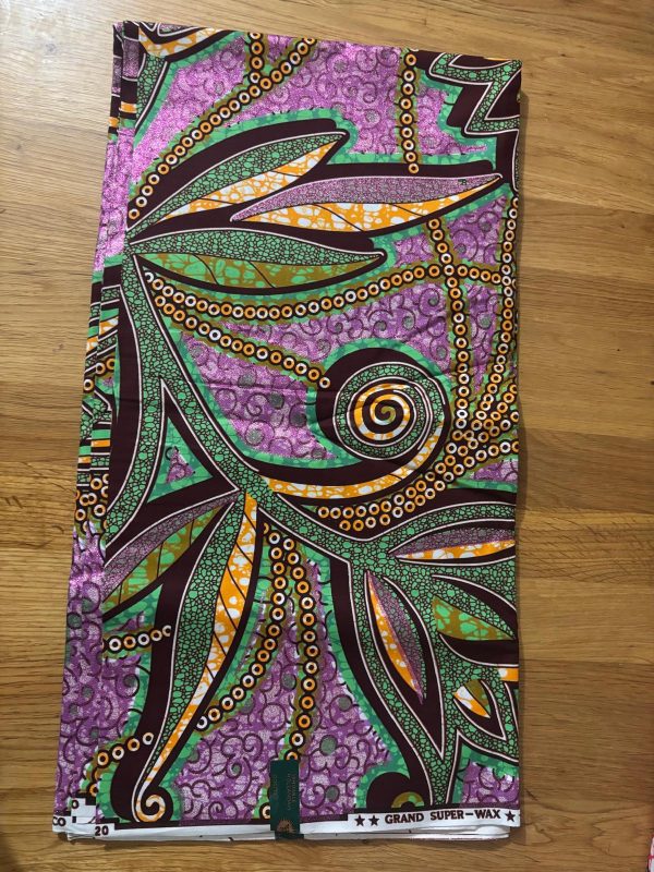 Grand Super Wax Hollandais multi couleurs violet claire, marron et vert 100%. Longueur 5.486m (6 yards) / Largueur 1.17m – Image 4